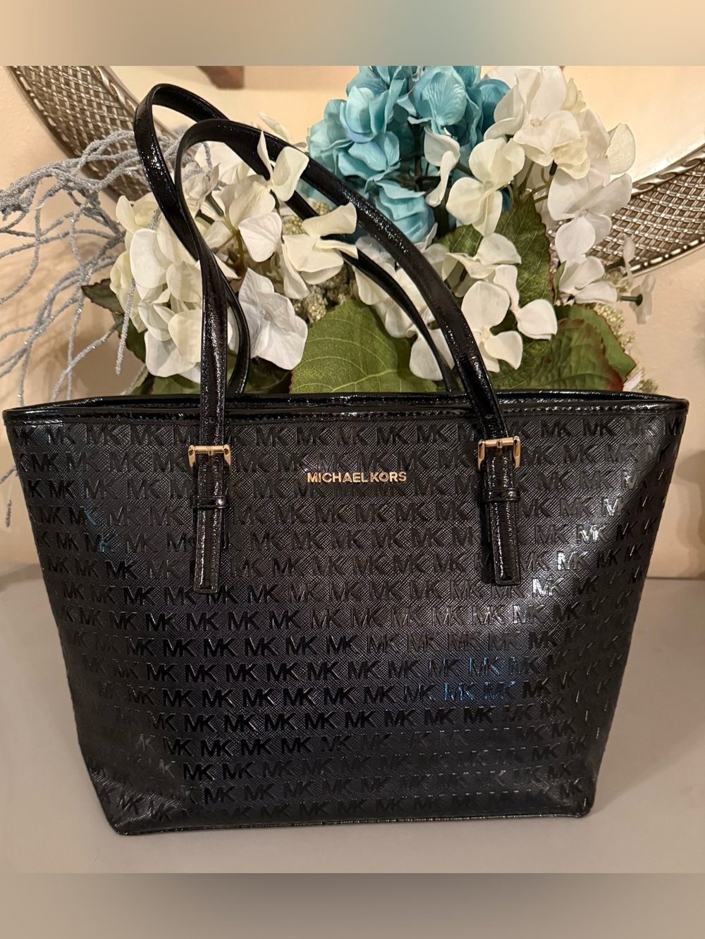 Michael Kors Glossy Black MK Logo Patent Tote with Gold Hardware